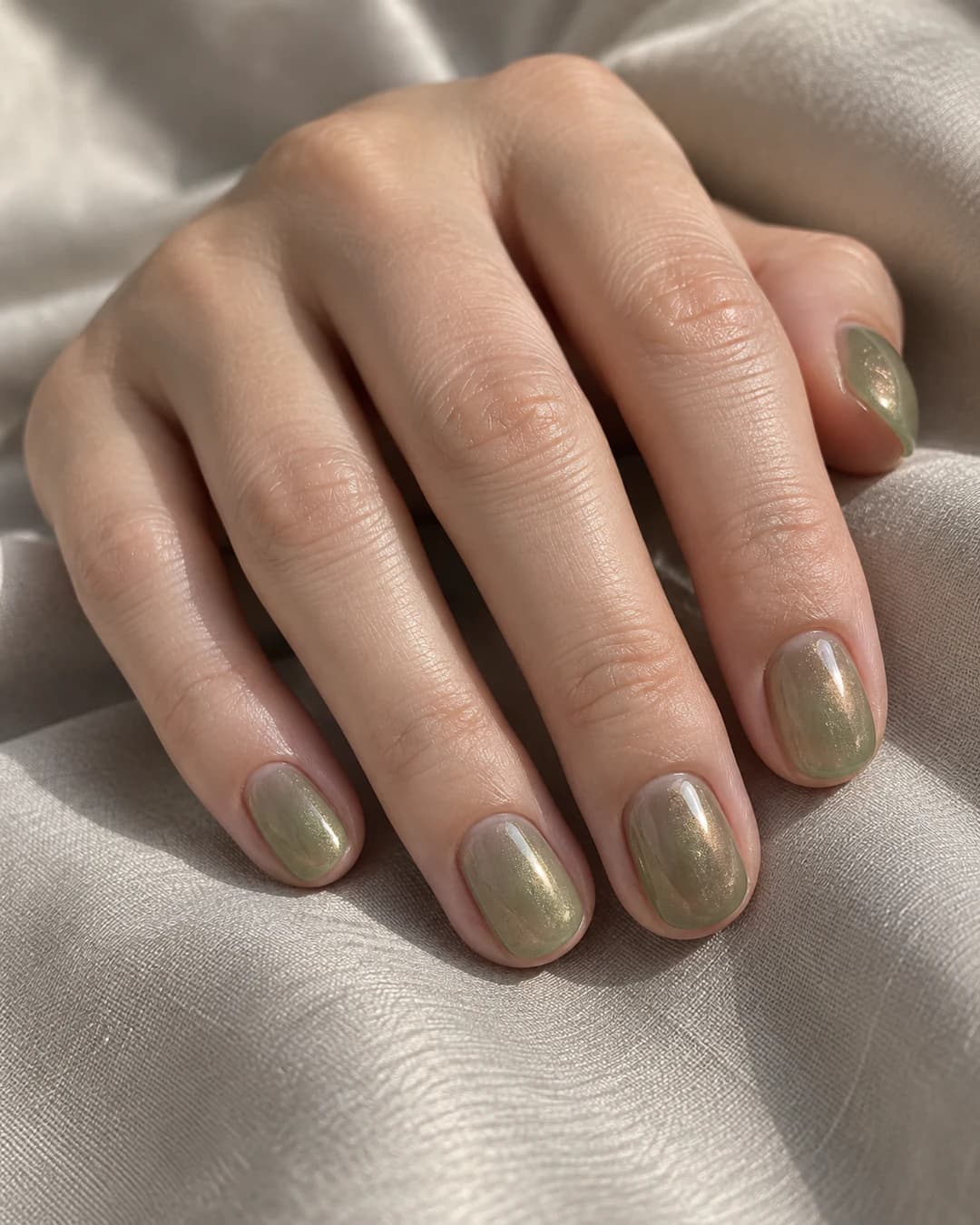 Mano de piel clara con uñas ovaladas cortas en verde oliva translúcido con reflejo champán y brillo alto.
