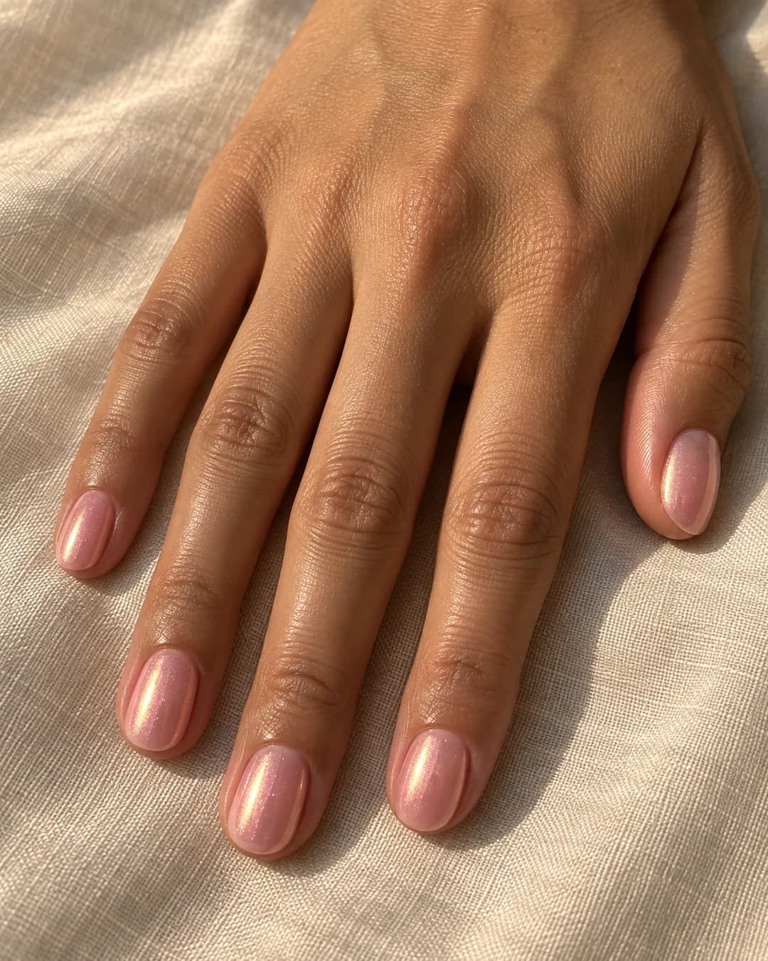 Mano de piel oliva media con cinco uñas cortas ovaladas en rosa perlado y reflejo iridiscente dorado cálido.