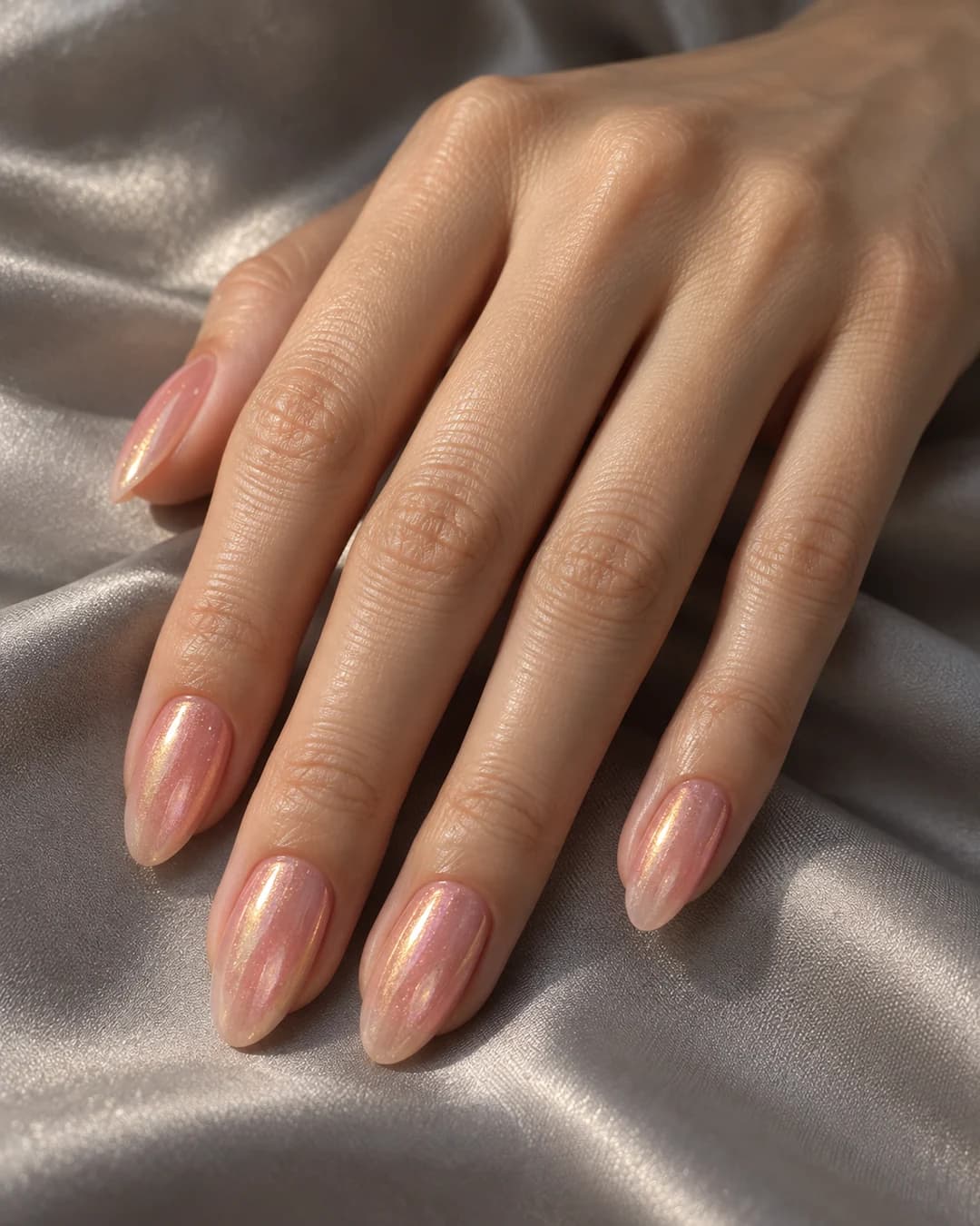 Mano de piel clara con cinco uñas almendradas medias en rosa melocotón translúcido y reflejo dorado perlado.