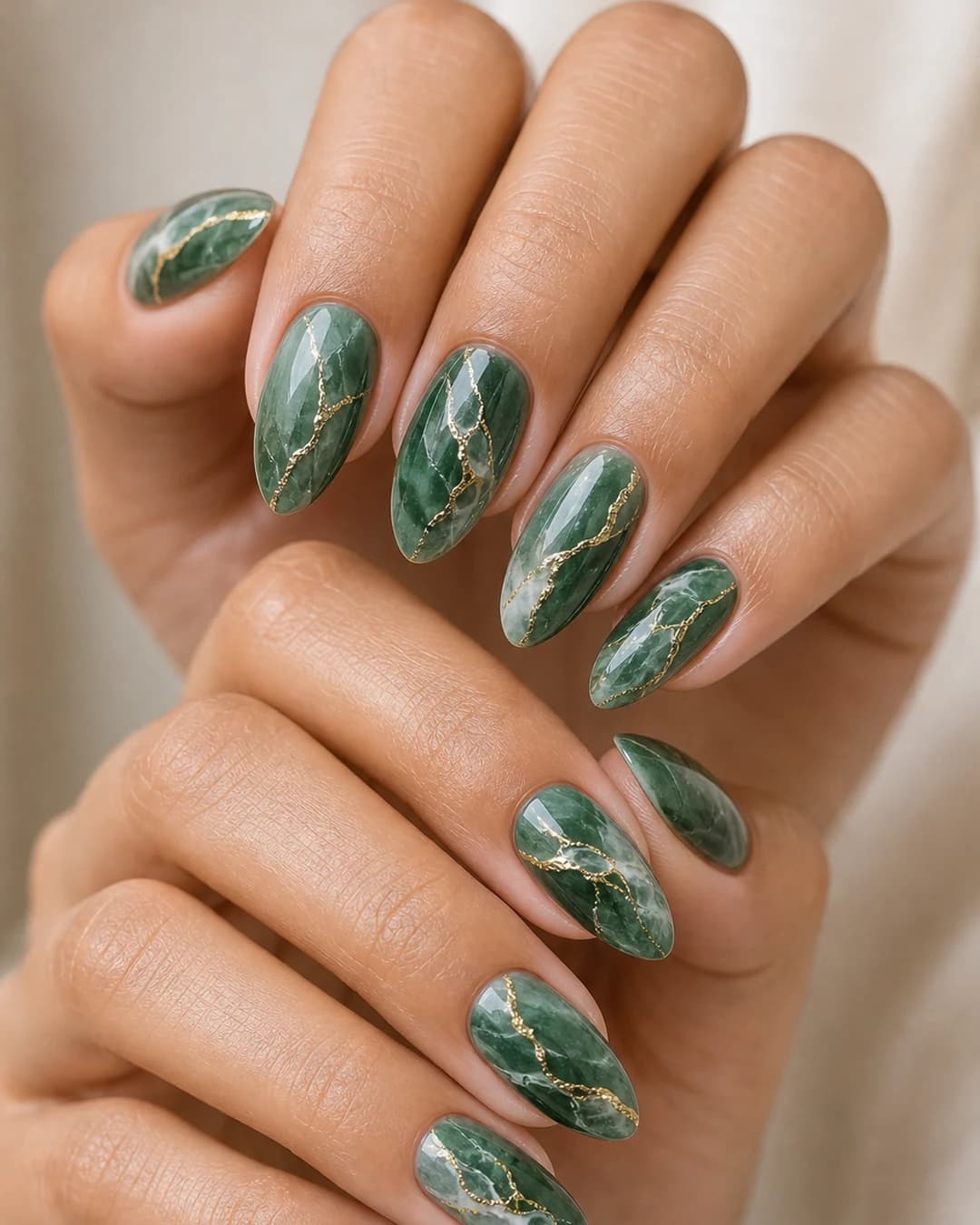 Uñas swirl efecto mármol jade verde profundo con vetas blancas doradas