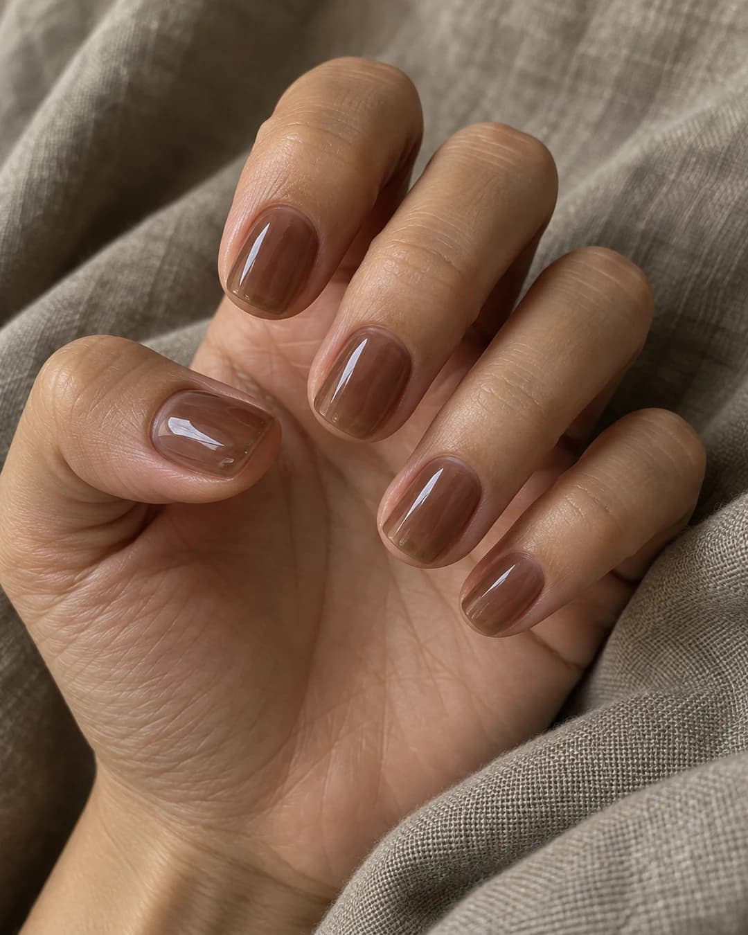 Mano de piel clara media con uñas cortas squoval en tono marrón café translúcido.
