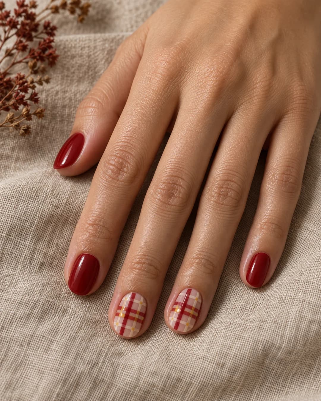 Mano de piel clara con uñas ovaladas cortas carmesí y dos acentos tartán rojo, mostaza y marfil.