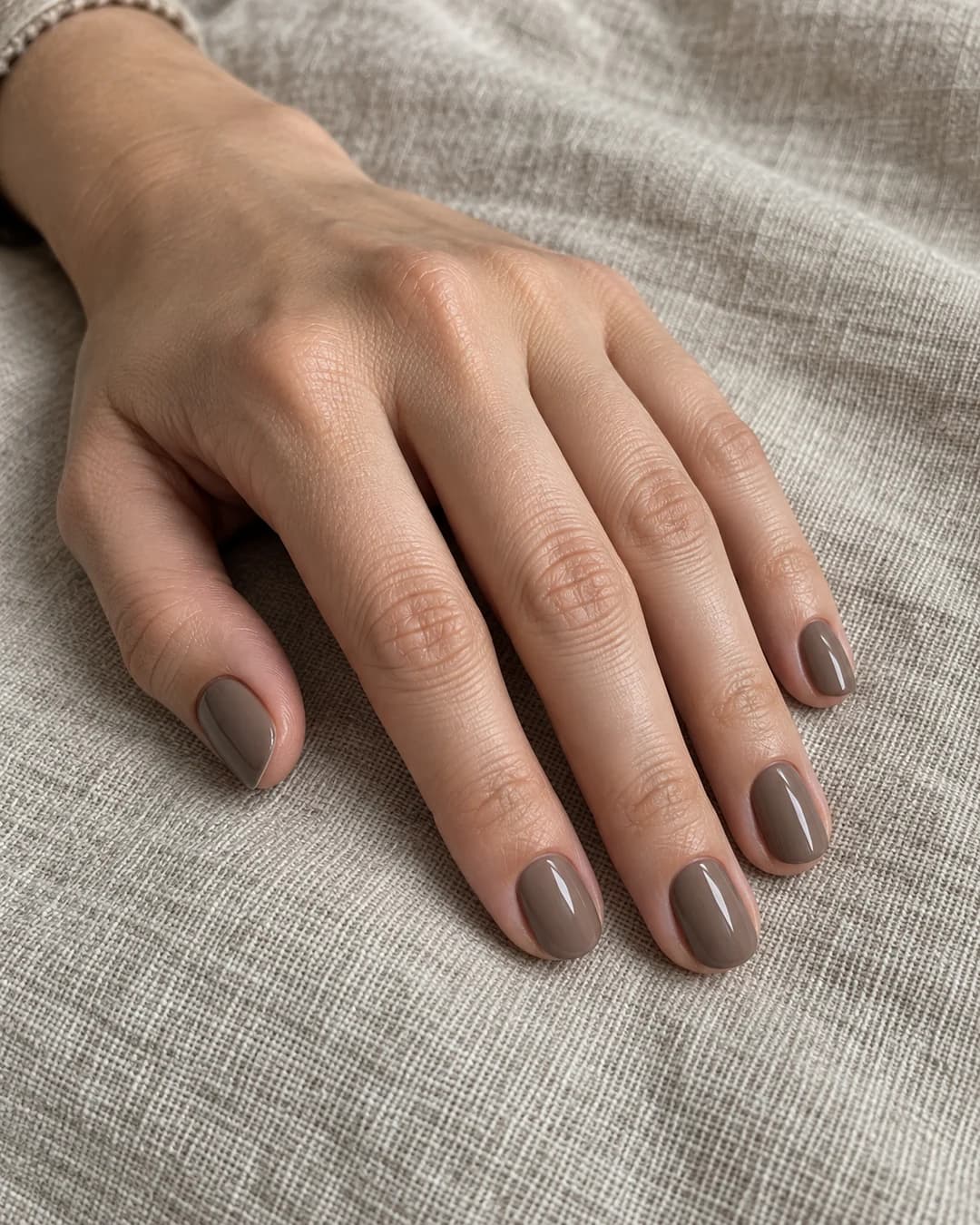 Mano de piel clara con cinco uñas cortas ovaladas en esmalte taupe marrón-gris de brillo limpio.