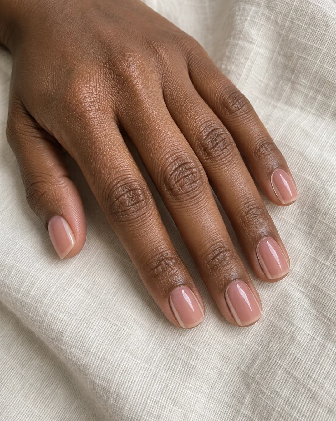 Mano adulta de piel marrón profunda con cinco uñas squoval cortas en nude rosado y márgenes de uña natural finos a ambos lados.