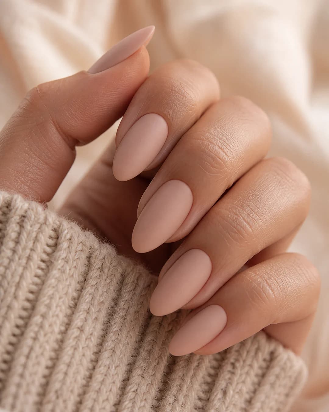 Uñas almendradas en nude satinado mate-suave
