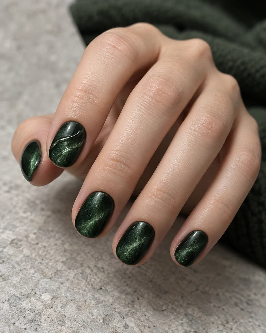 Mano adulta de piel clara con cinco uñas ovaladas cortas en velvet verde bosque y dos ondas de gel transparente en una uña.