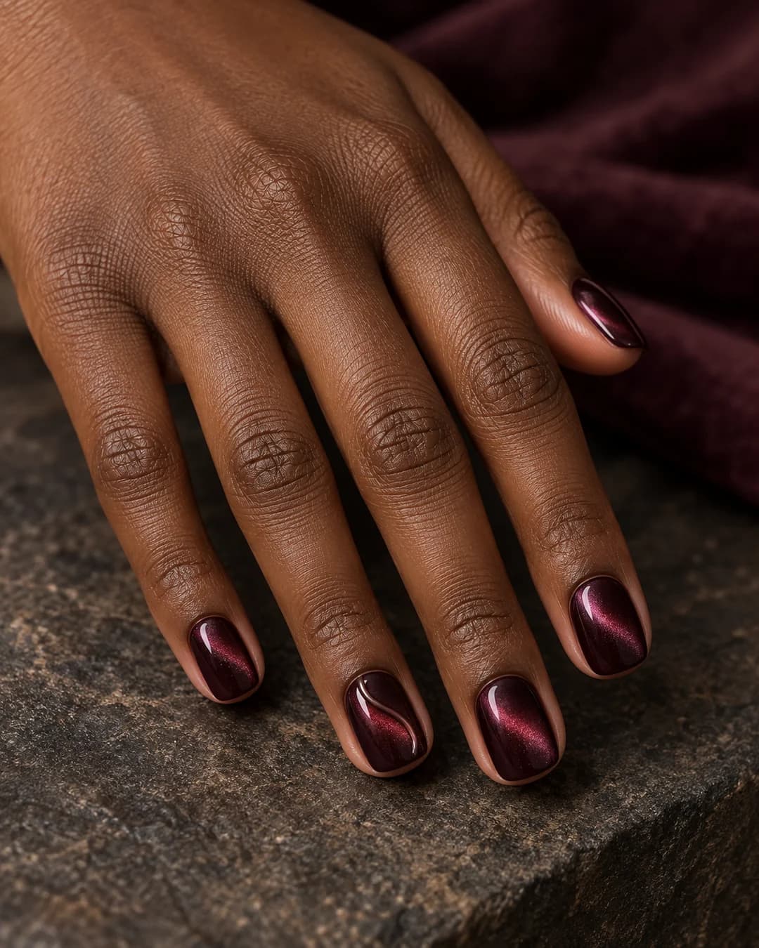 Mano adulta de piel marrón profunda con cinco uñas squoval cortas en velvet ciruela y una curva de gel transparente en una uña.