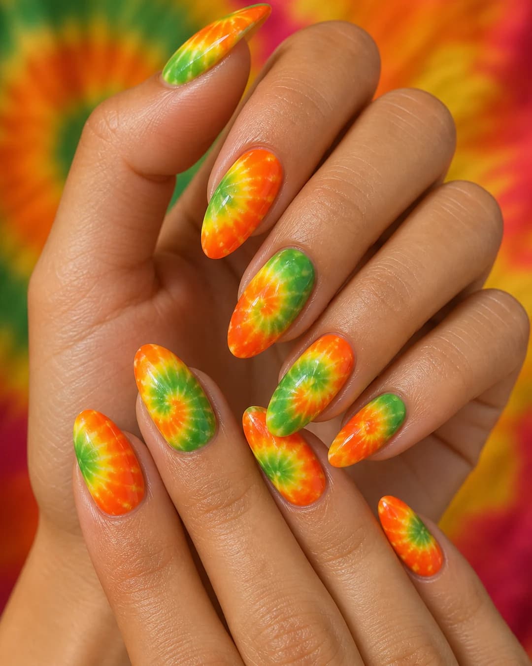 Uñas tie-dye 70s con degradado vibrante naranja amarillo verde saturado