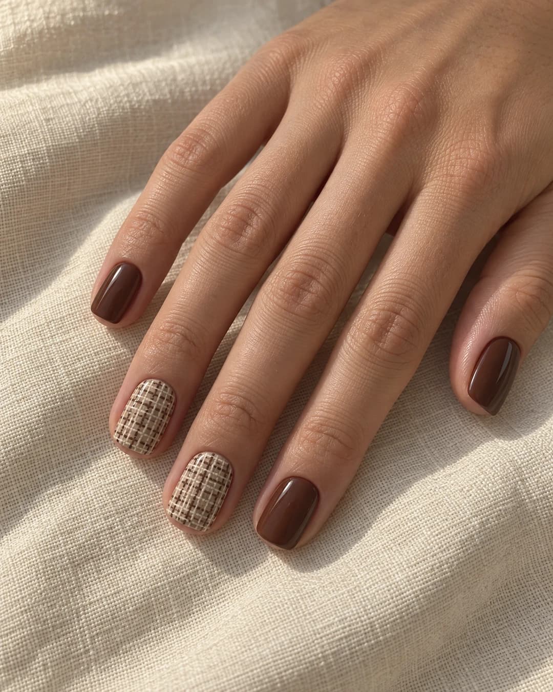 Uñas squoval cortas en chocolate con dos acentos de tweed beige y marfil.