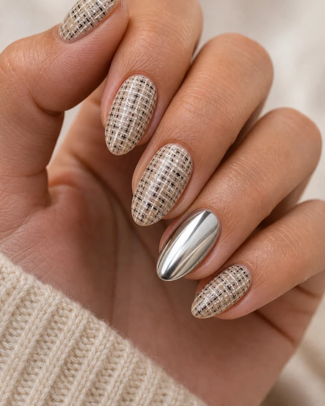 Uñas con estampado tweed Chanel-style en beige y un dedo cromado plata 2026