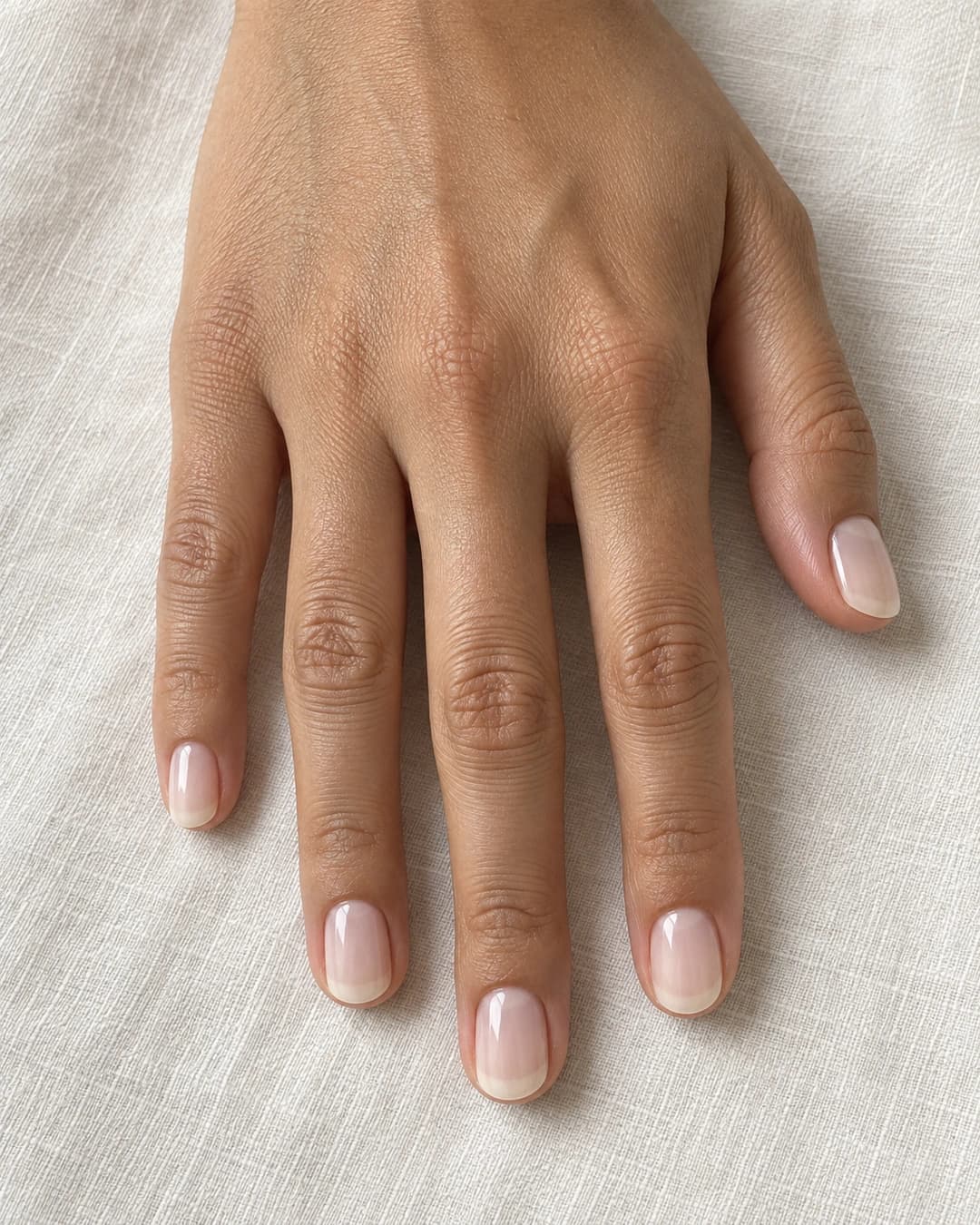 Mano de piel oliva media con uñas squoval cortas en blanco vainilla translúcido y brillante; la uña natural sigue visible.