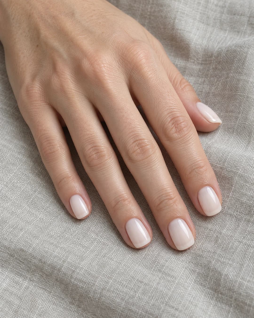 Mano de piel clara cálida con uñas squoval cortas en blanco vainilla lechoso de cobertura media y brillo alto.