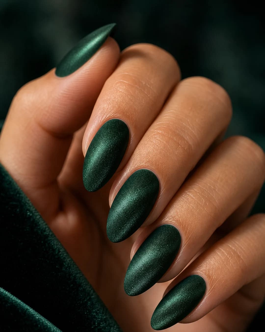 Uñas en verde esmeralda profundo con efecto terciopelo velvet magnético