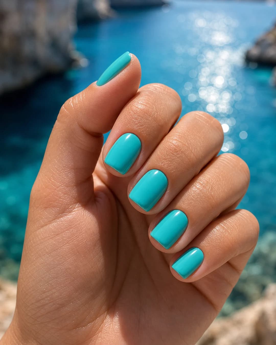 Uñas cortas cuadradas en turquesa vibrante para verano