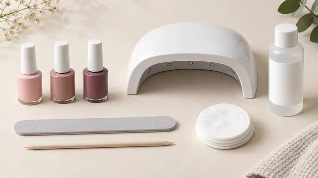 Unlabelled polish bottles, an empty nail lamp, a plain bottle, file, wooden stick and cotton pads.