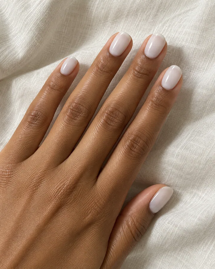 Mano de piel marrón cálida con cinco uñas ovaladas cortas en blanco lechoso cremoso.