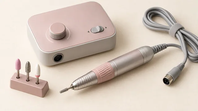 A generic electric nail file, controller with a knob and direction switch, cable and separate bits.