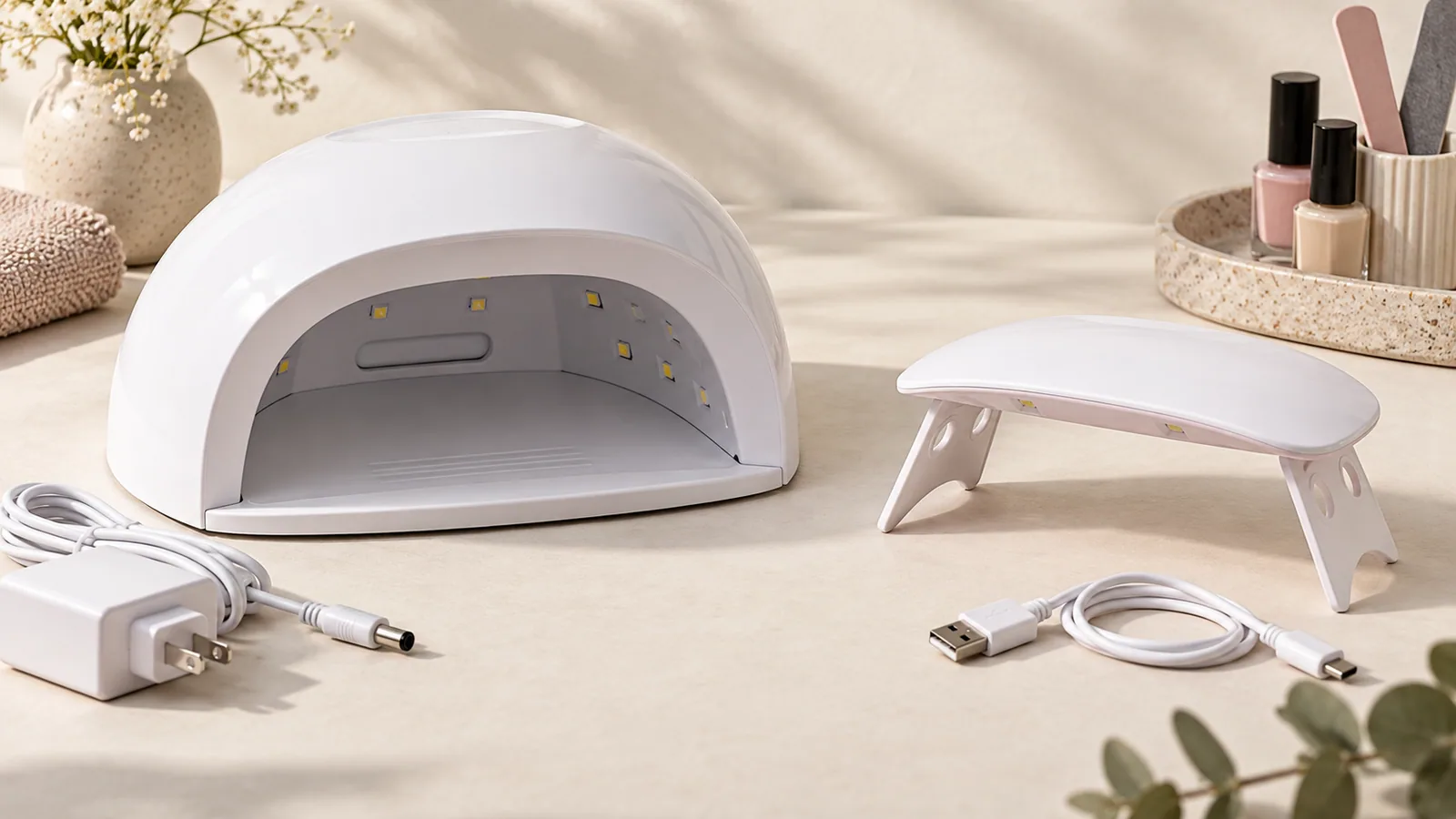 A full-size nail lamp and a folding lamp with disconnected power cables.