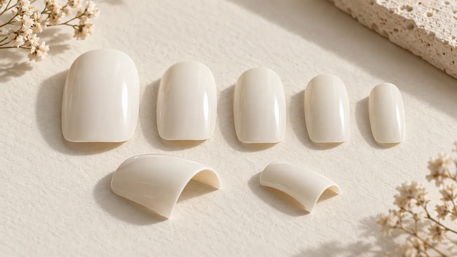 Plain artificial nail tips of different widths, with side views showing their curved undersides.