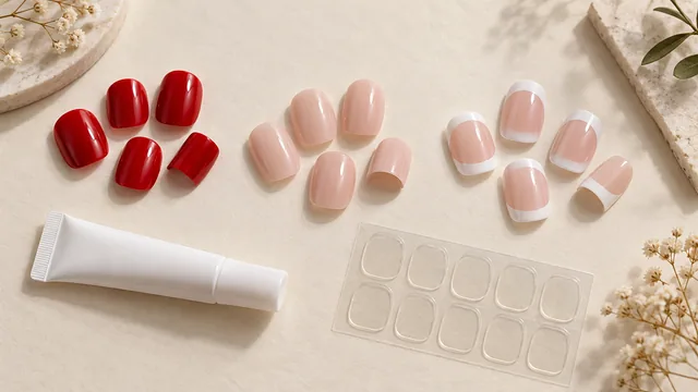 Generic short red, nude and French artificial nail tips beside a plain glue tube and adhesive tabs.