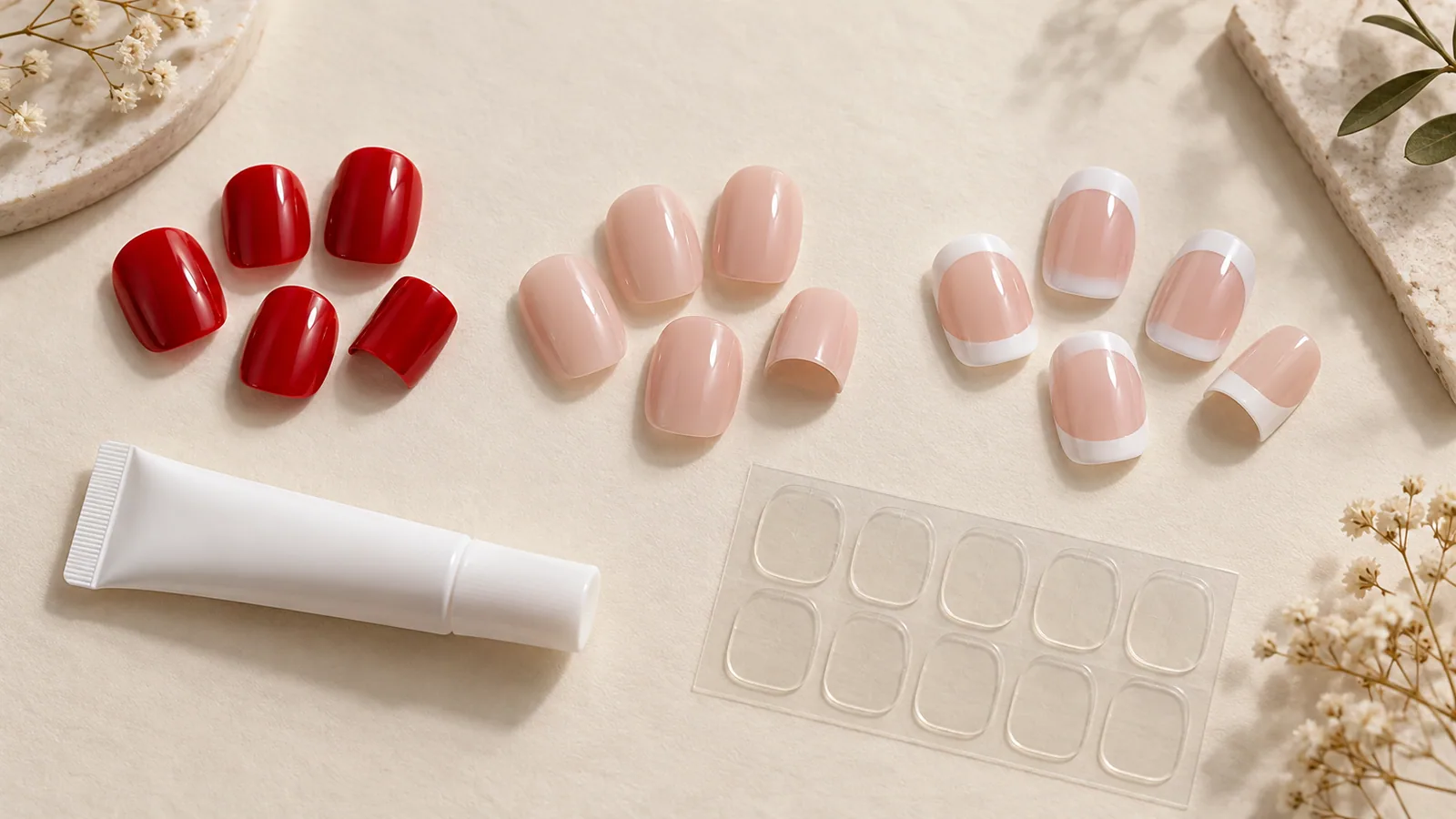 Generic short red, nude and French artificial nail tips beside a plain glue tube and adhesive tabs.