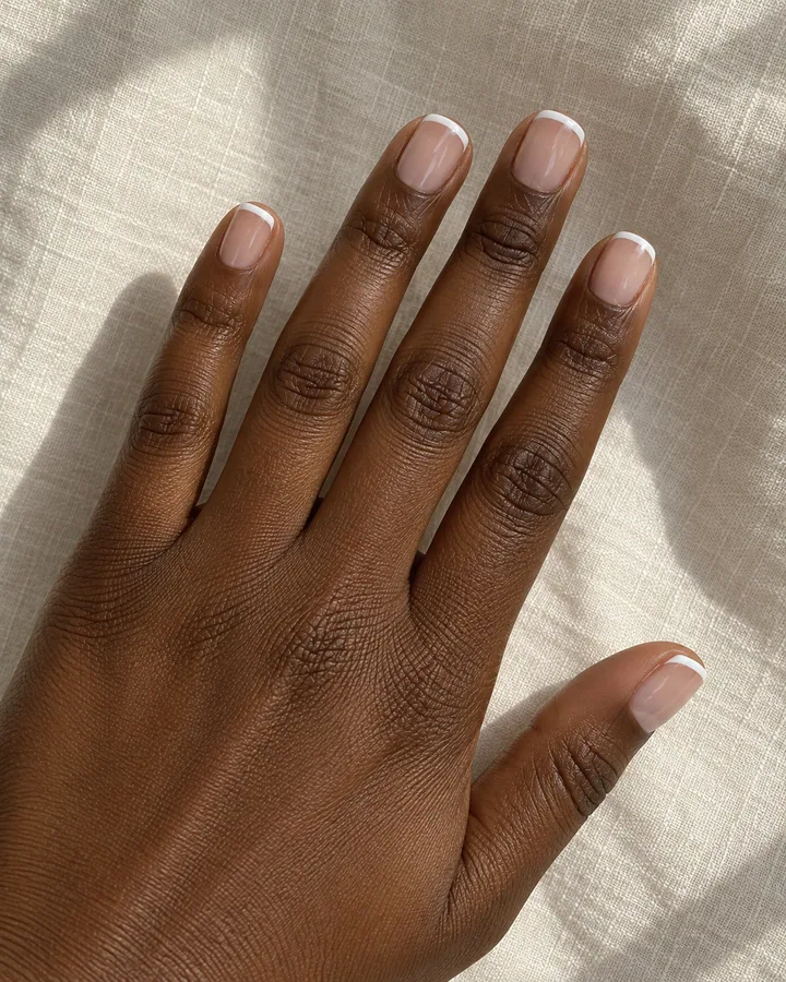 A deep brown hand with five short squoval nude nails and fine white French tips.