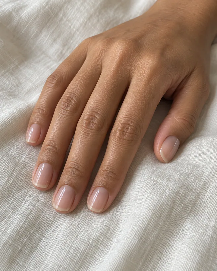A warm medium-toned hand with five very short rounded nails, sheer pink coverage and plain gloss.