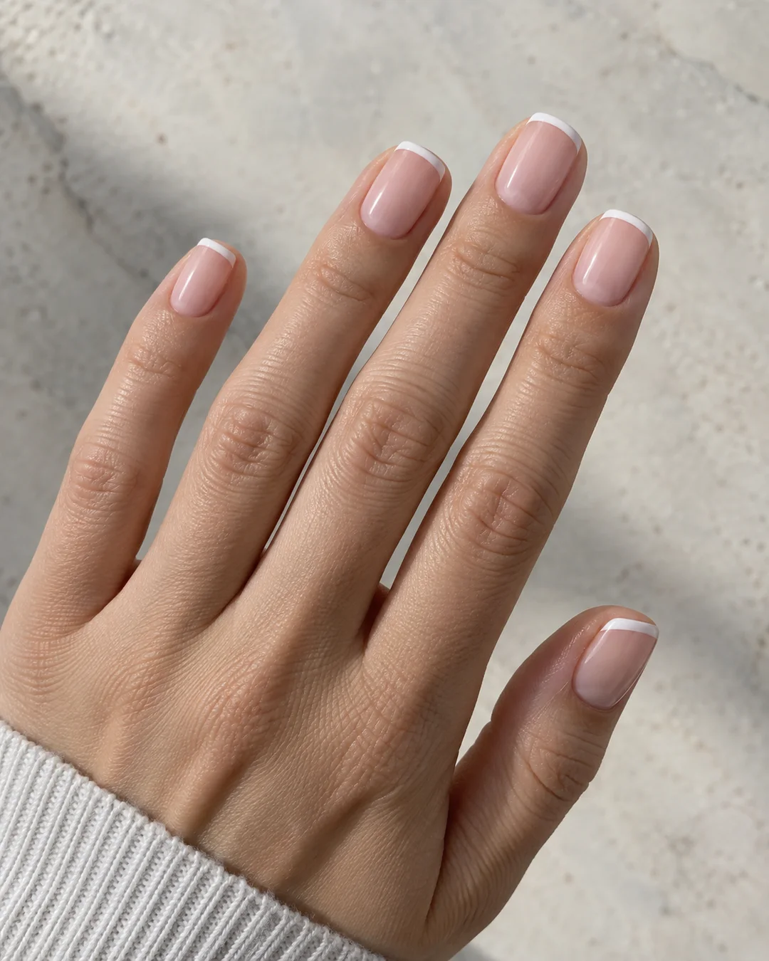 Mano adulta de piel clara con cinco uñas squoval cortas, base rosa nude brillante y puntas francesas blancas sobre piedra clara.