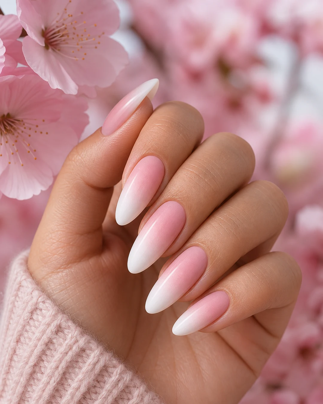 Baby boomer rosa pétalo en uñas almendradas, acabado satinado