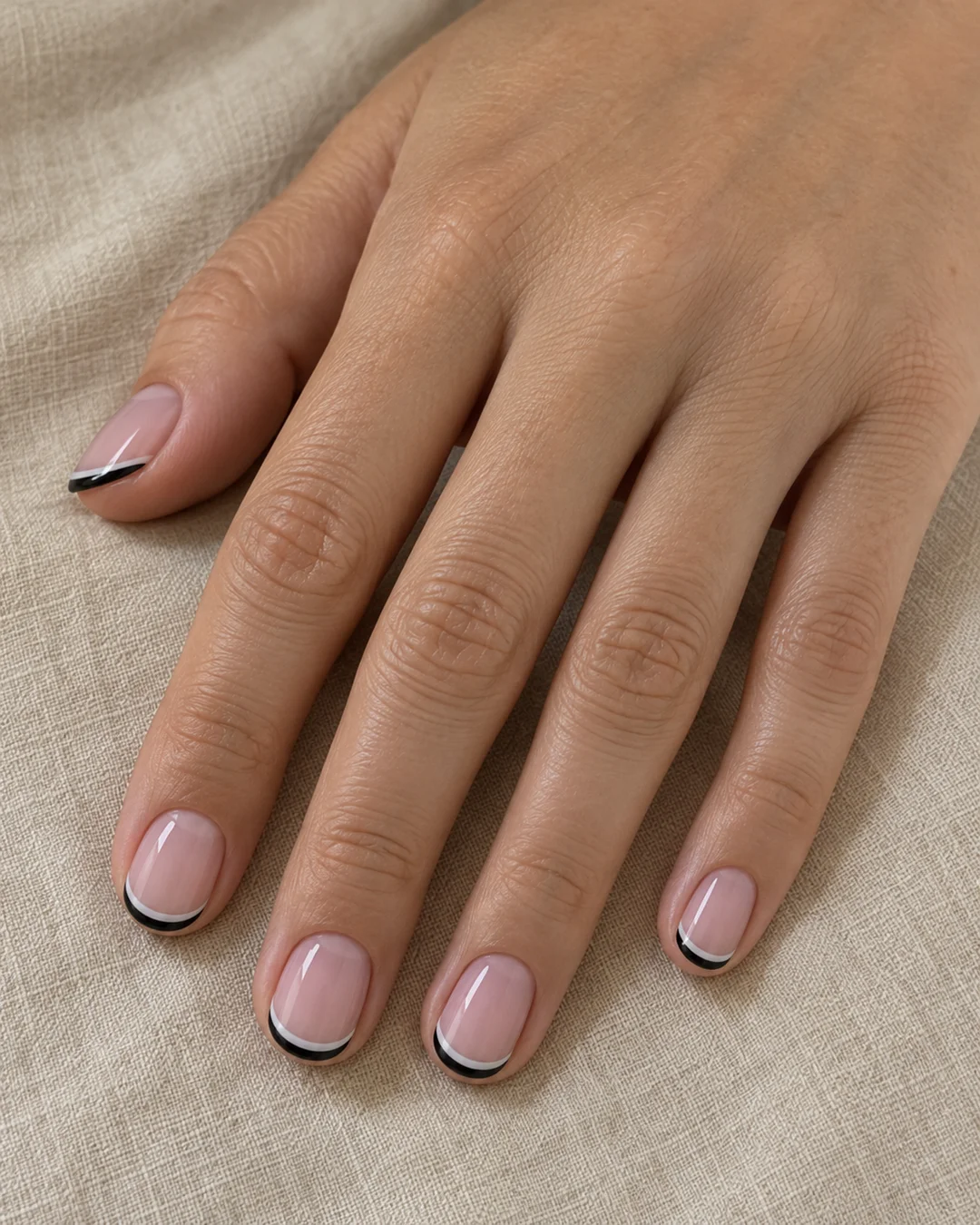 Mano de piel clara con uñas cortas de base rosa translúcida, punta negra y línea blanca fina.