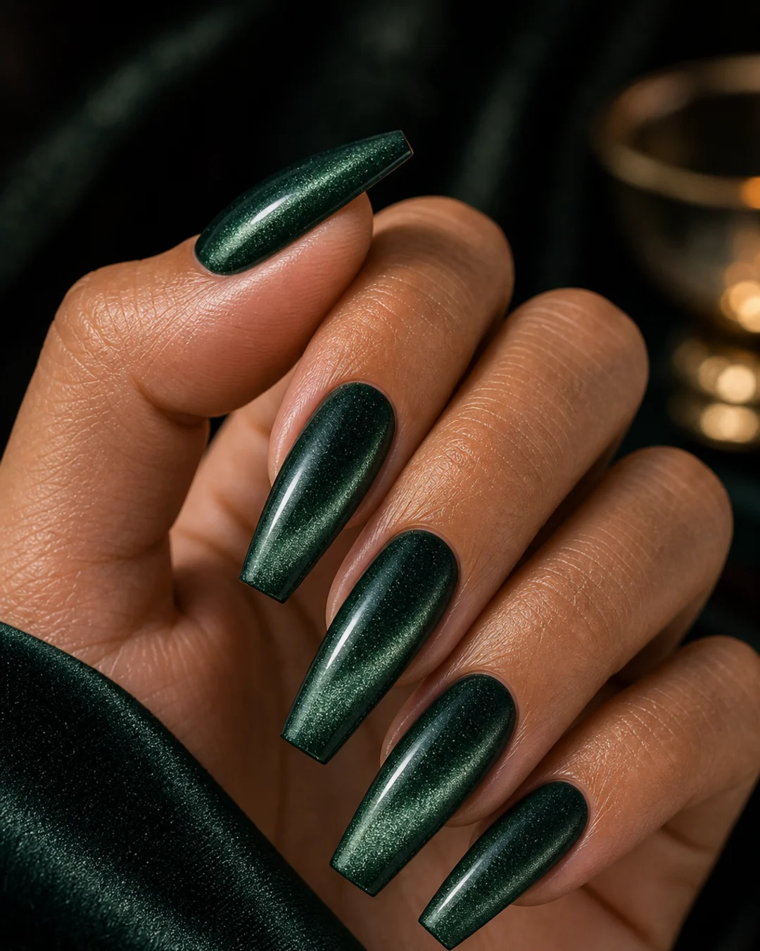 Uñas coffin medio velvet esmeralda magnético profundo 2026 forma ballerina