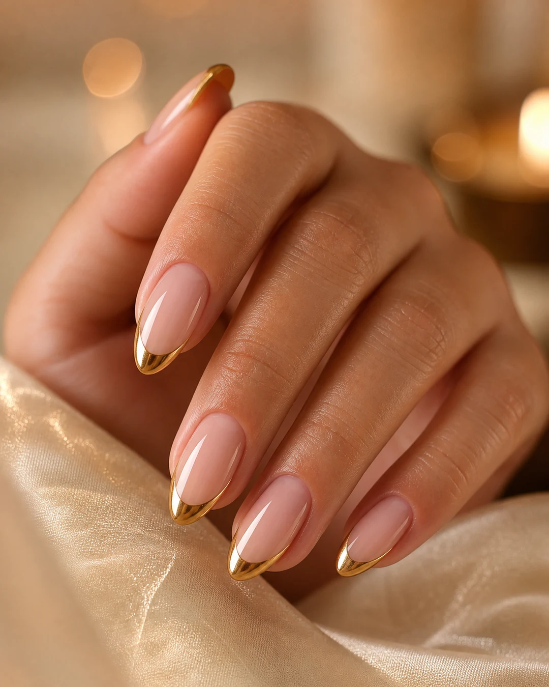 Uñas almendradas con francesa dorada metálica sobre base nude para evento