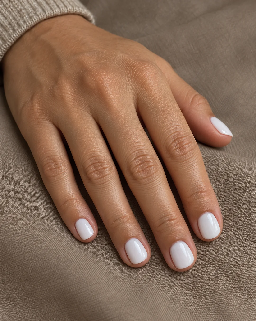Mano de piel oliva con uñas muy cortas redondeadas en blanco lechoso brillante.