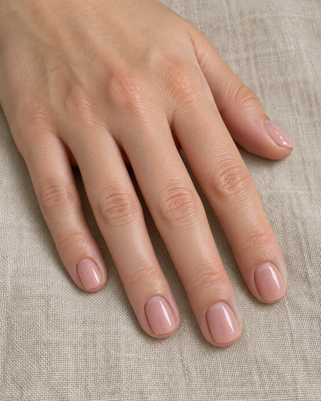 Mano de piel clara con uñas cortas rosa suave, brillantes y con esquinas redondeadas.