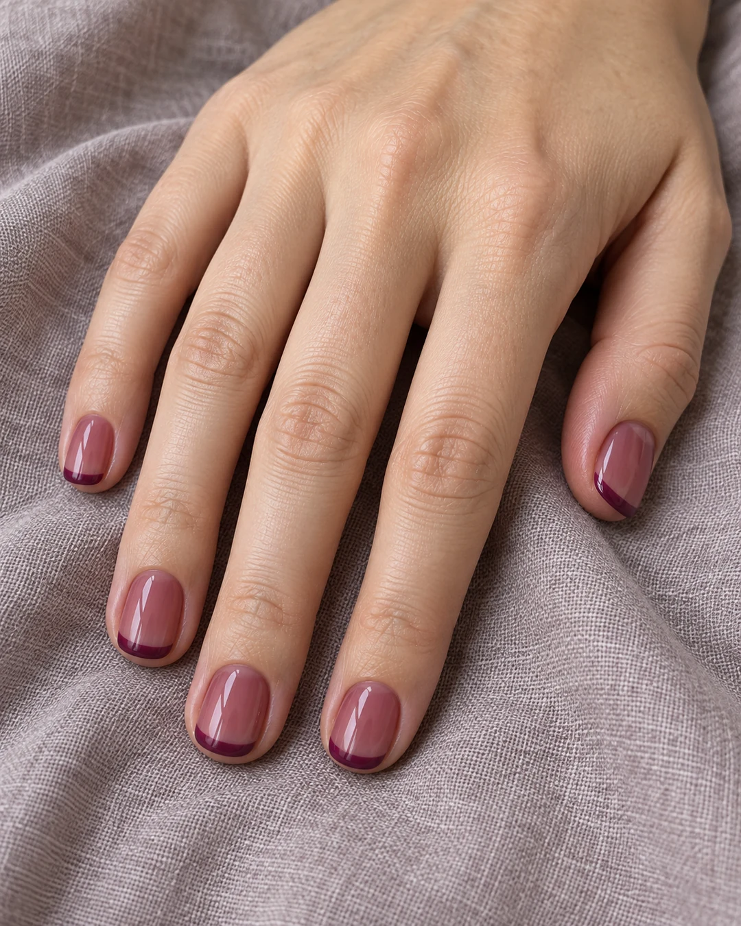 Mano adulta de piel clara con cinco uñas ovaladas cortas, base jelly rosa ciruela translúcida y puntas ciruela opacas.