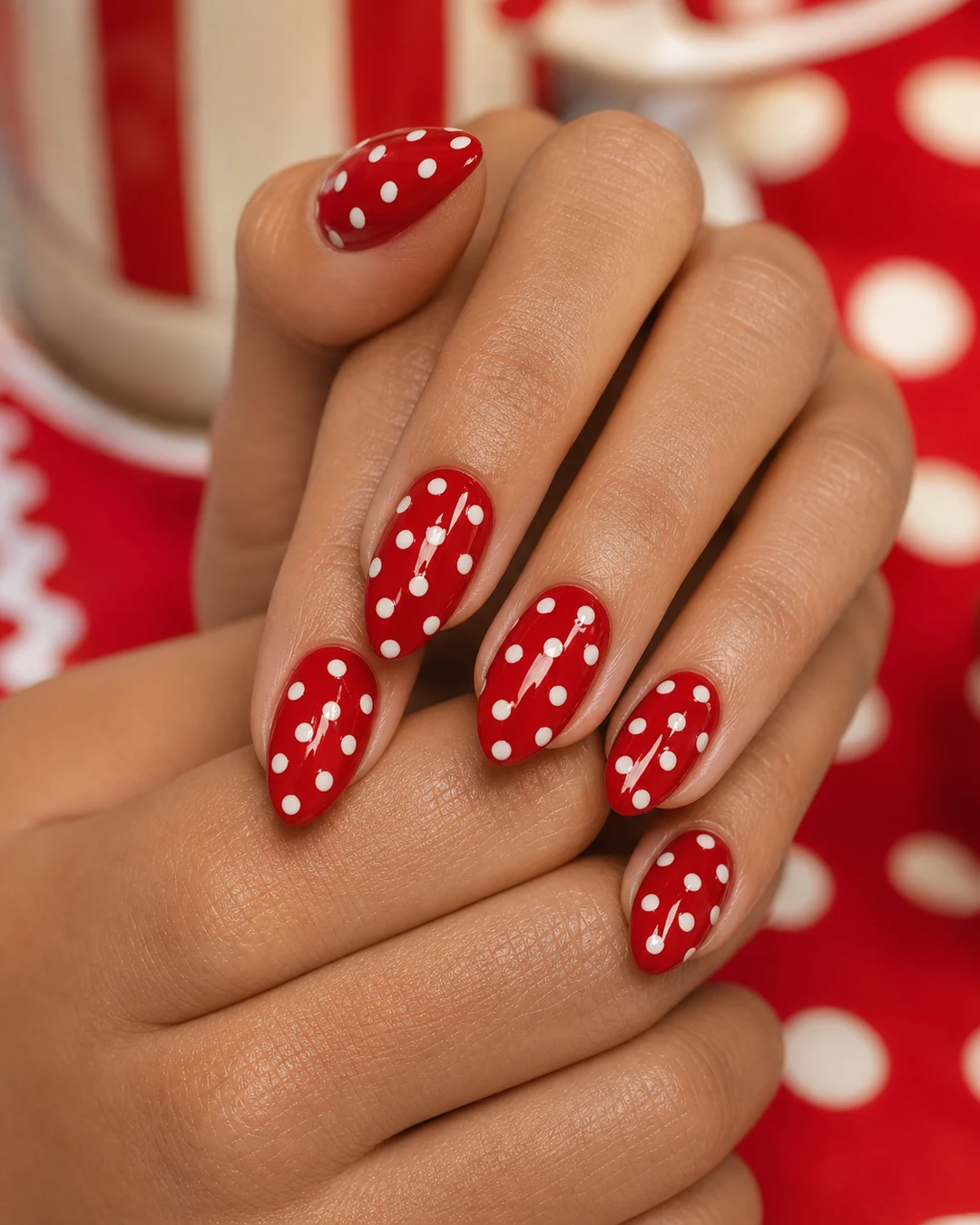 Uñas rojo cereza con lunares blancos vintage retro