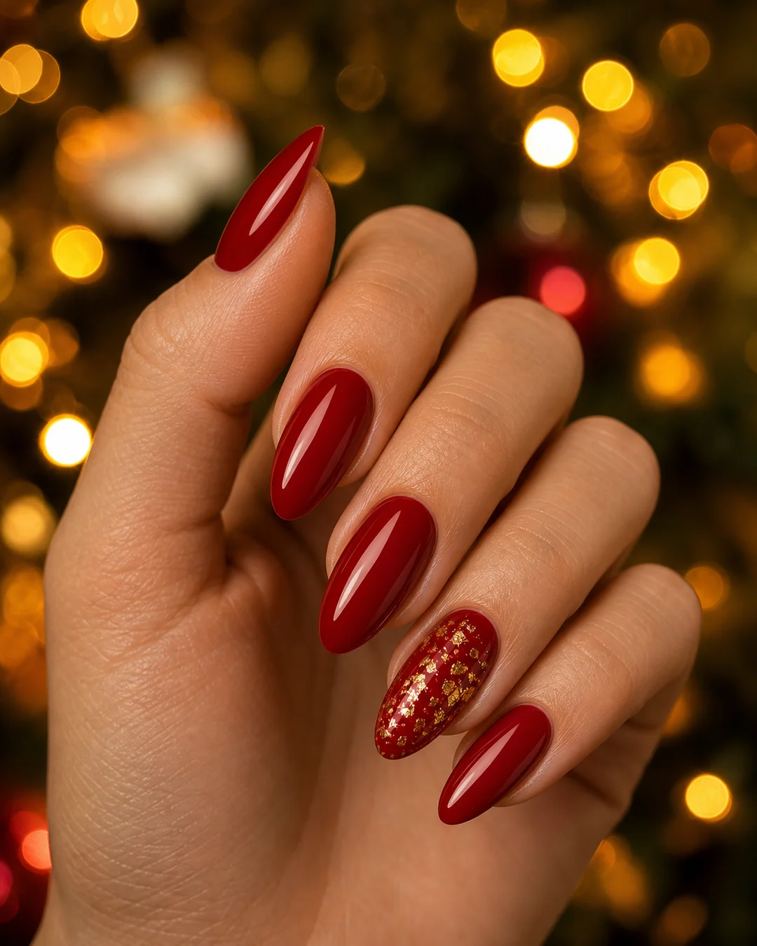 Uñas en rojo cereza con detalle de hoja dorada en el anular para Navidad