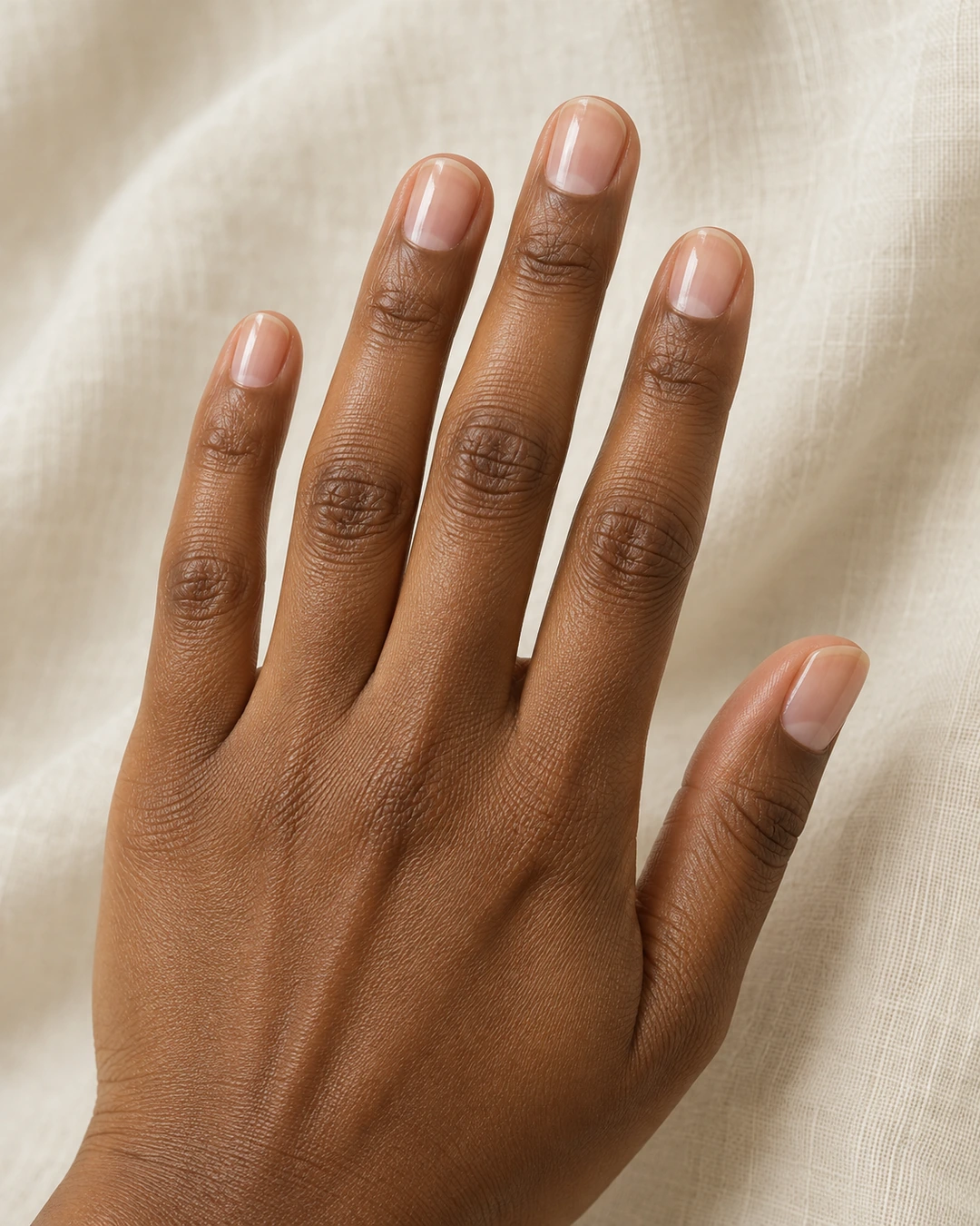 Mano adulta de piel marrón media con uñas naturales muy cortas y redondeadas, brillo transparente y borde libre visible.