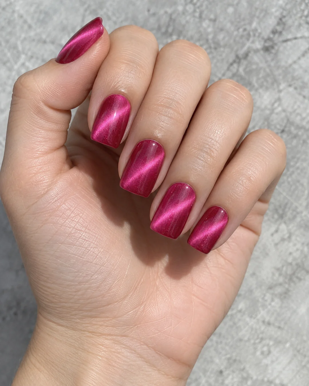 Mano adulta de piel clara con cinco uñas cuadradas medias en fucsia y bandas rosadas luminosas diagonales sobre piedra gris.