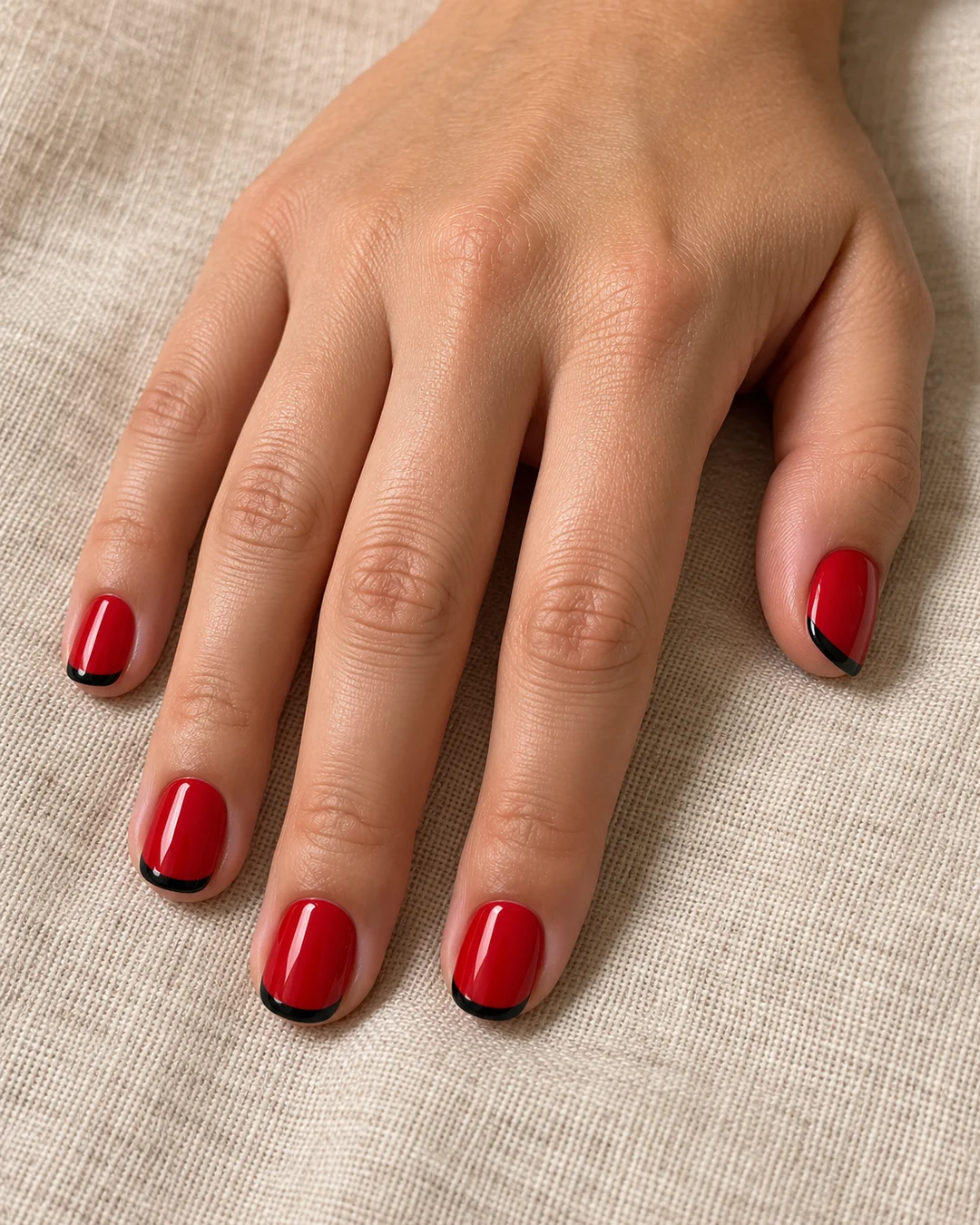 Uñas cortas ovaladas rojas y brillantes con punta francesa negra. Detalle de las uñas.