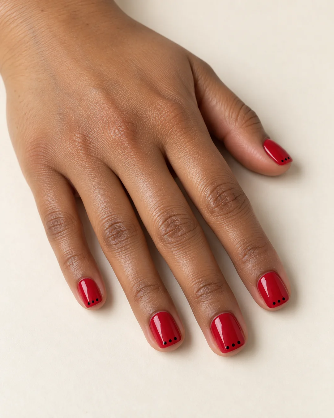 Uñas cortas cuadradas de esquinas suaves, rojas y brillantes con pequeños puntos negros. Detalle de las uñas.