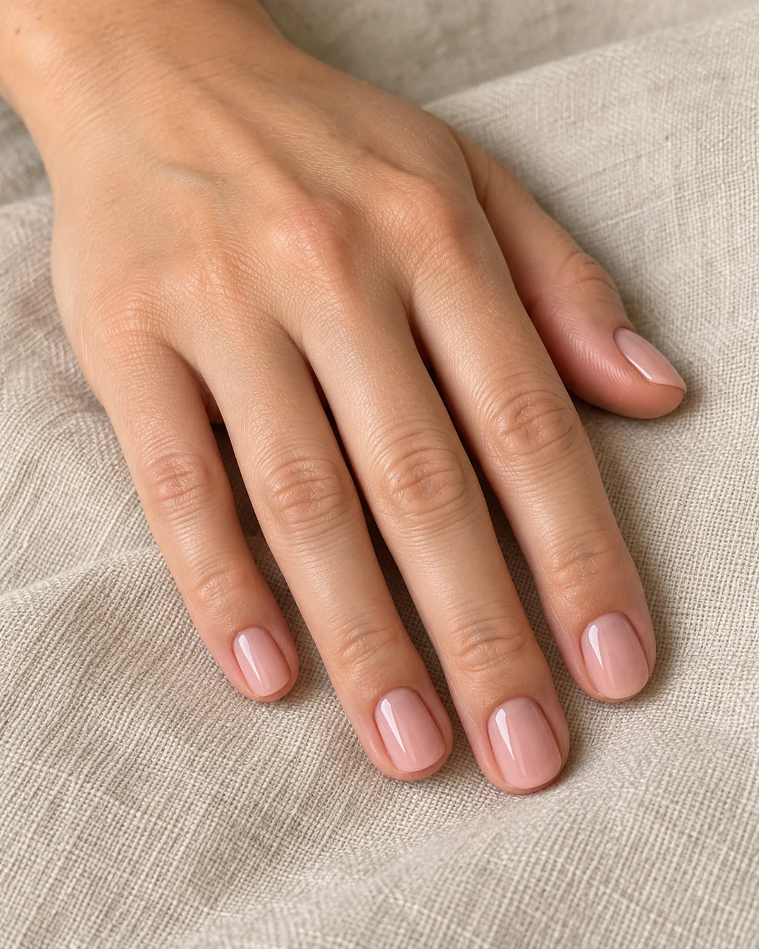 Uñas cortas de esquinas suaves en nude rosado translúcido y brillante. Detalle de las uñas.