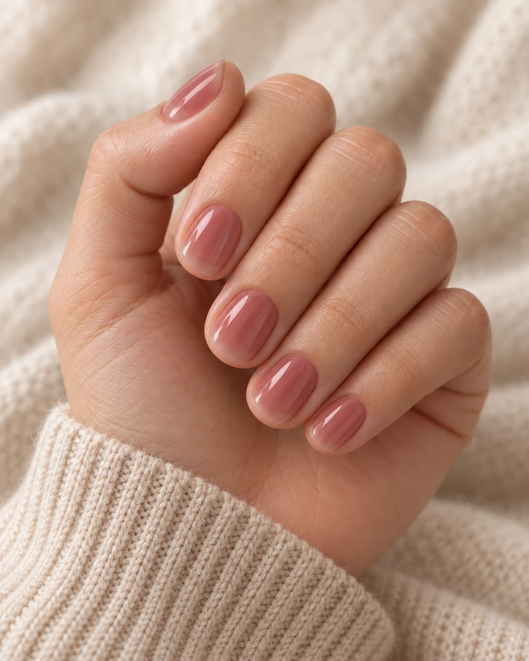 Cinco uñas cortas squoval en rosa palo translúcido, con la línea natural apenas visible y acabado brillante sobre tejido crema.