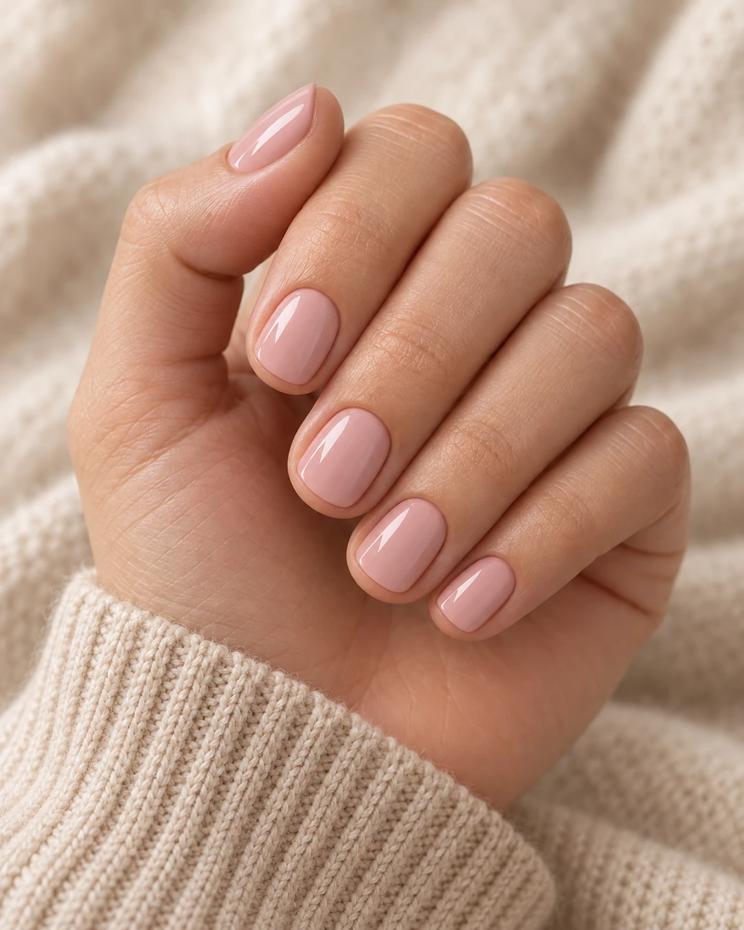 Cinco uñas cortas squoval en rosa lechoso opaco con brillo suave sobre piel clara y tejido crema.