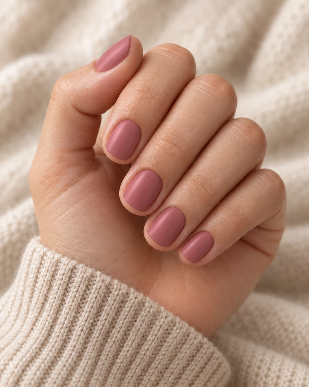 Cinco uñas cortas squoval en rosa palo con reflejo satinado y difuso sobre piel clara y tejido crema.