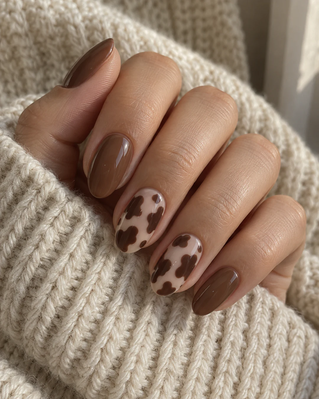 Mano de piel oliva clara con uñas ovaladas medias caramelo y dos acentos beige con manchas amplias de vaca color cacao.