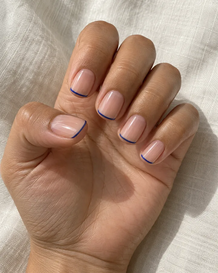 Uñas squoval con base nude y una línea azul fina en la punta.
