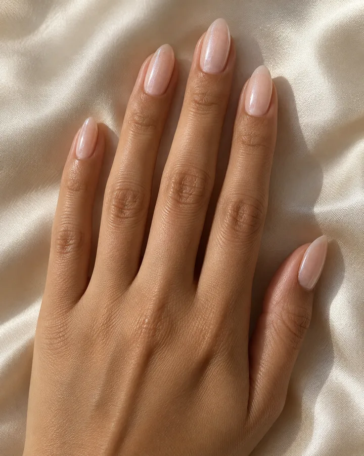 Uñas almendradas nude lechoso con un reflejo nacarado fino.
