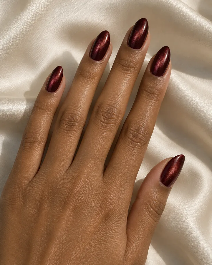 Burgundy nails with a soft magnetic velvet shimmer.