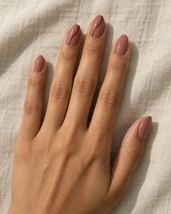 Uñas arcilla rosada con curvas terracota en dos uñas.